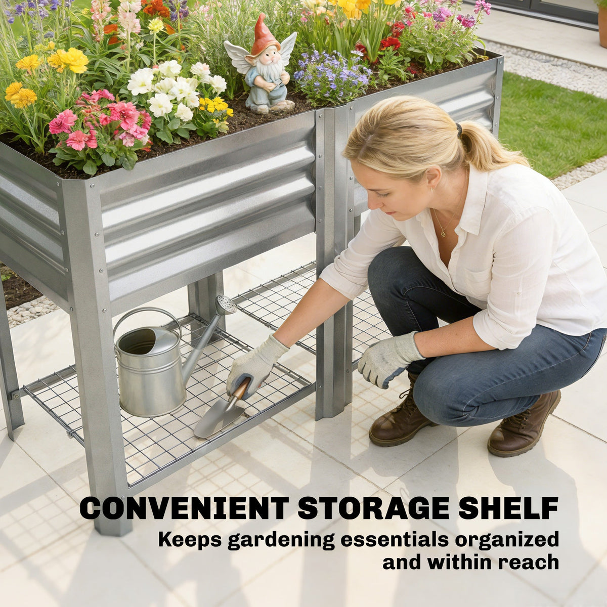Galvanized Steel Raised Garden Bed with Legs and Storage Shelf, Silver