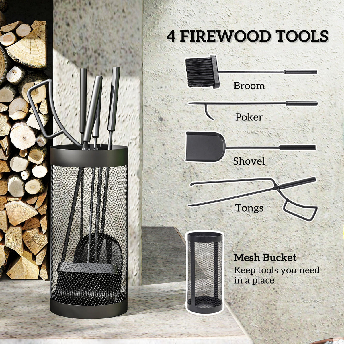 5-Piece Metal Fireplace Tool Set with Brush, Shovel, Poker, Tongs & Mesh Bucket for Indoor or Outdoor Fireplaces