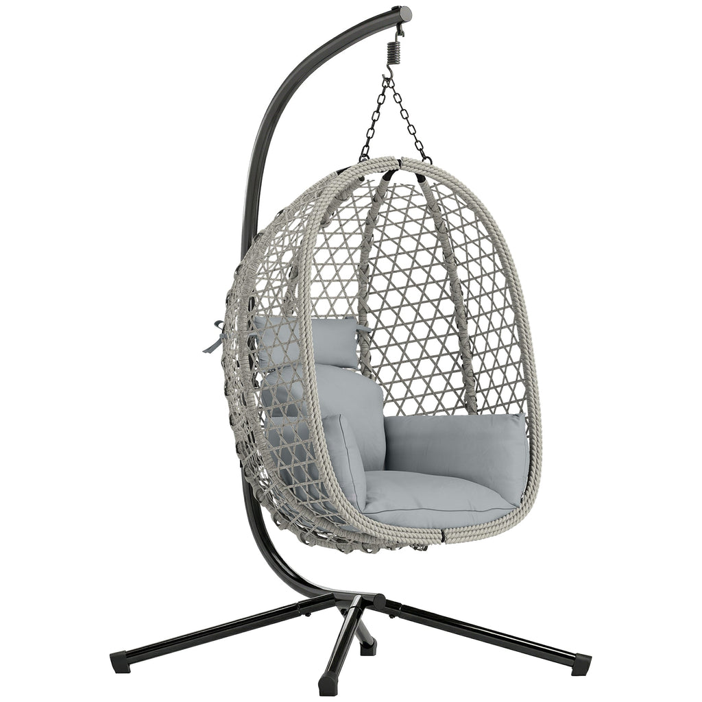 Hanging Egg Chair with Stand, Rattan Hammock, Thick Cushion, Light Grey