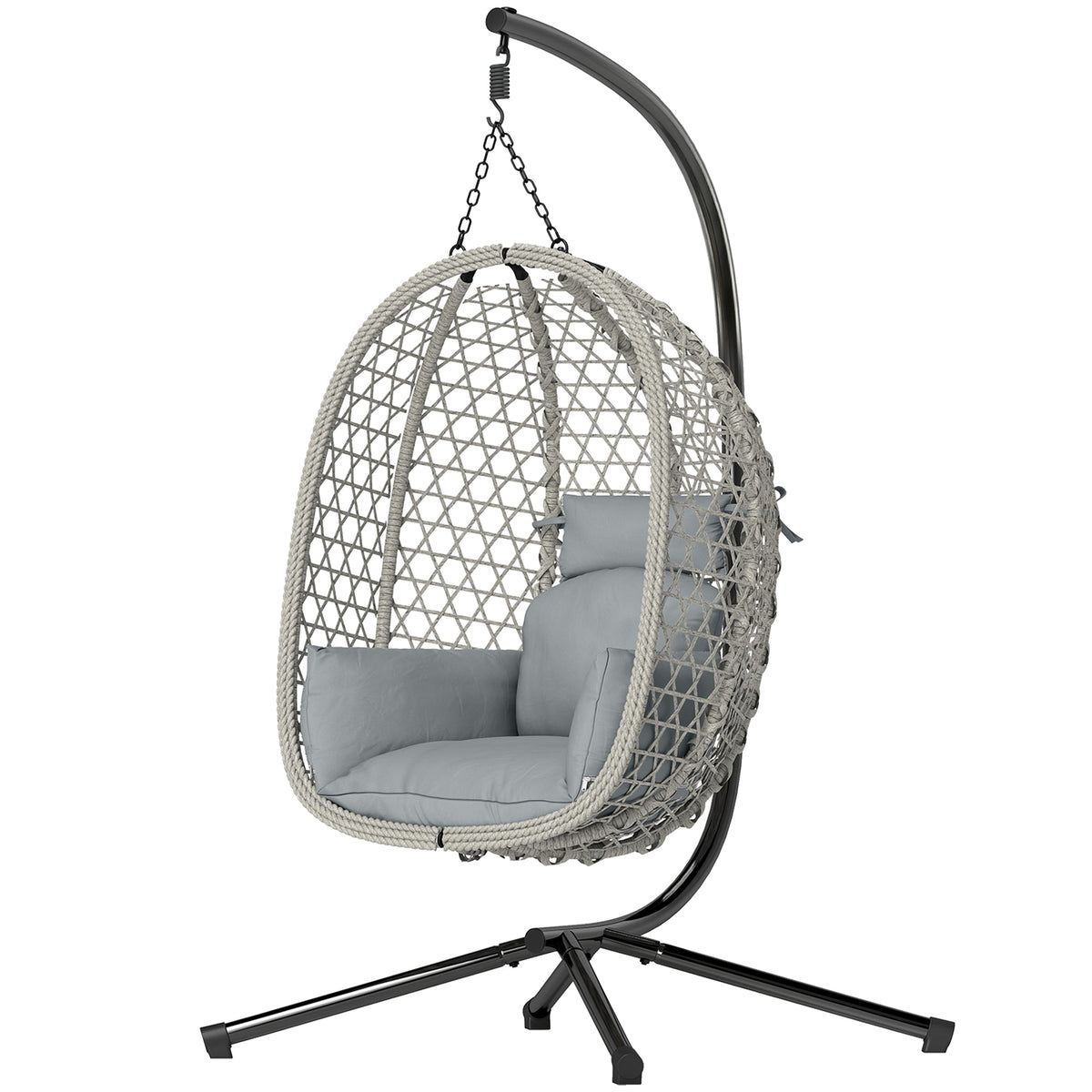 Hanging Egg Chair with Stand, Rattan Hammock, Thick Cushion, Light Grey