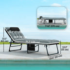 Set of 2 Folding Lounge Chairs with Cushion and Side Pocket, Black/Grey