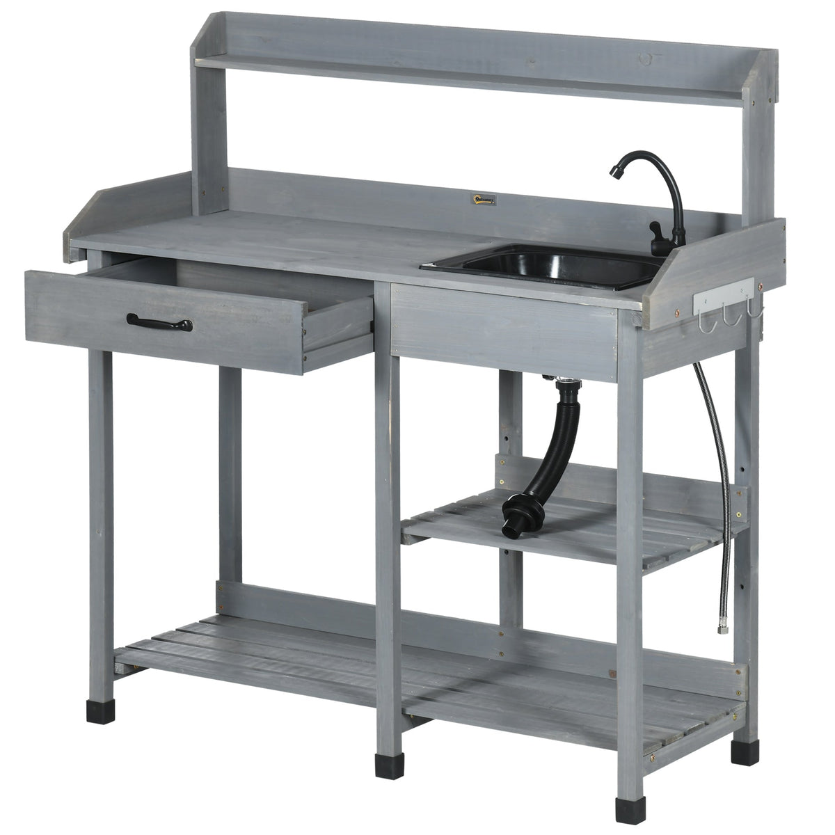 Potting Bench Table with Drawer, Removable Sink, Shelves and Hooks