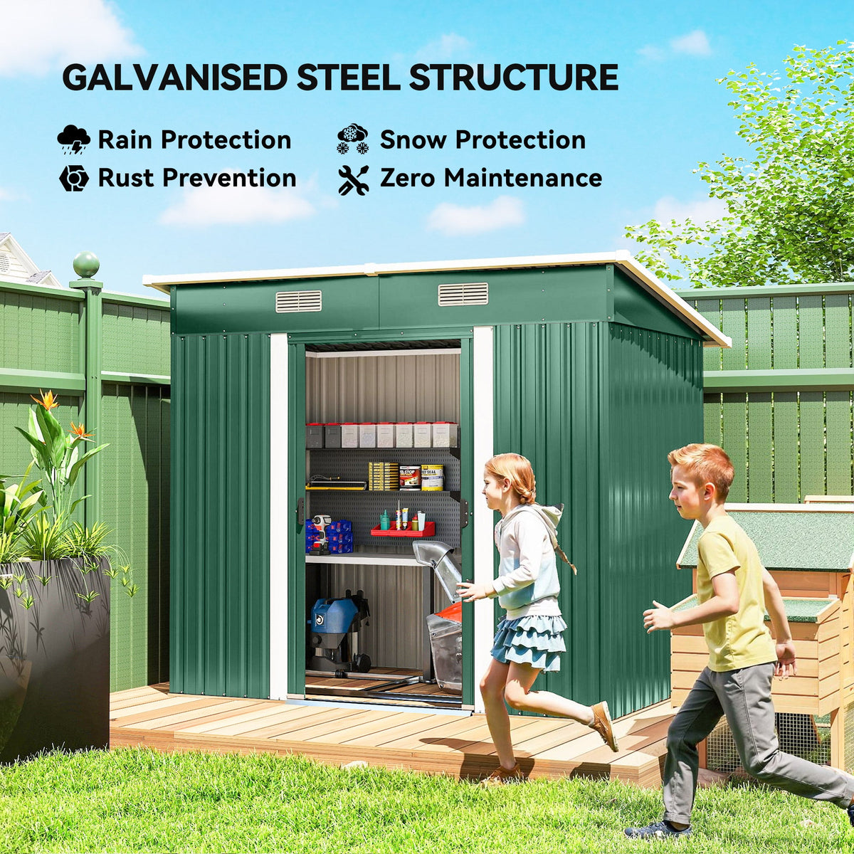 7' x 4' Outdoor Storage Shed with Lockable Double Doors, Green