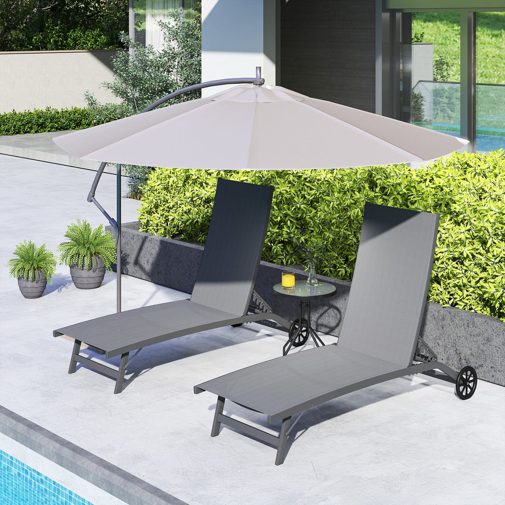 Set of 2 Outdoor Lounge Chairs with Wheels and Mesh Seat, Dark Grey