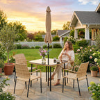 4-Seater Light Brown Rattan Dining Set with Parasol, Glass Top & Stacking Chairs