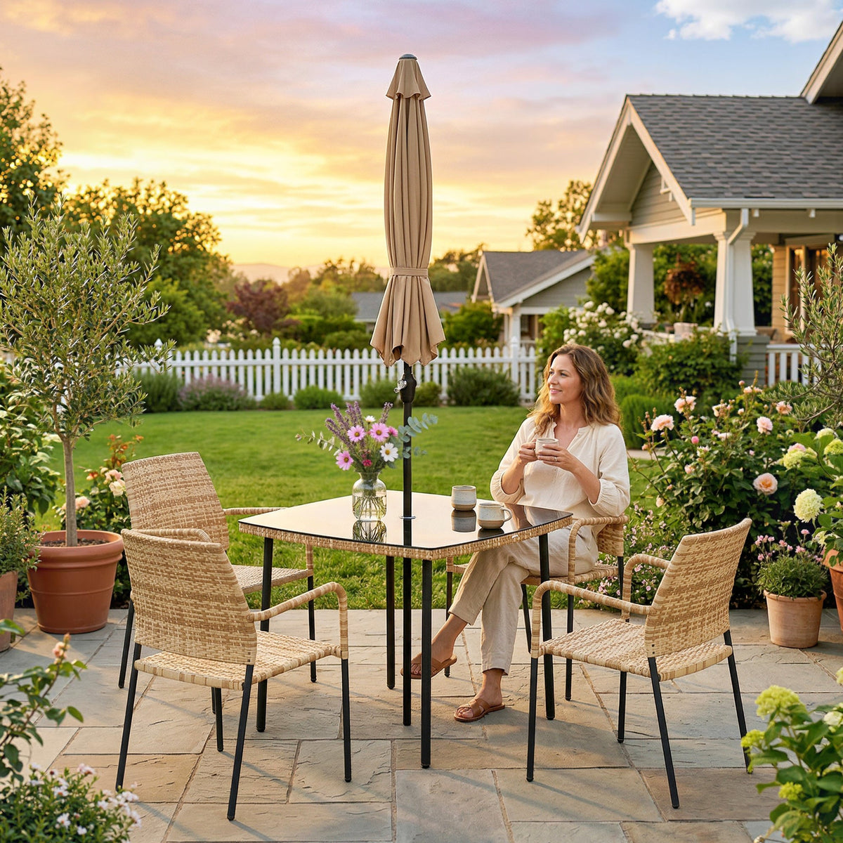 4-Seater Light Brown Rattan Dining Set with Parasol, Glass Top & Stacking Chairs