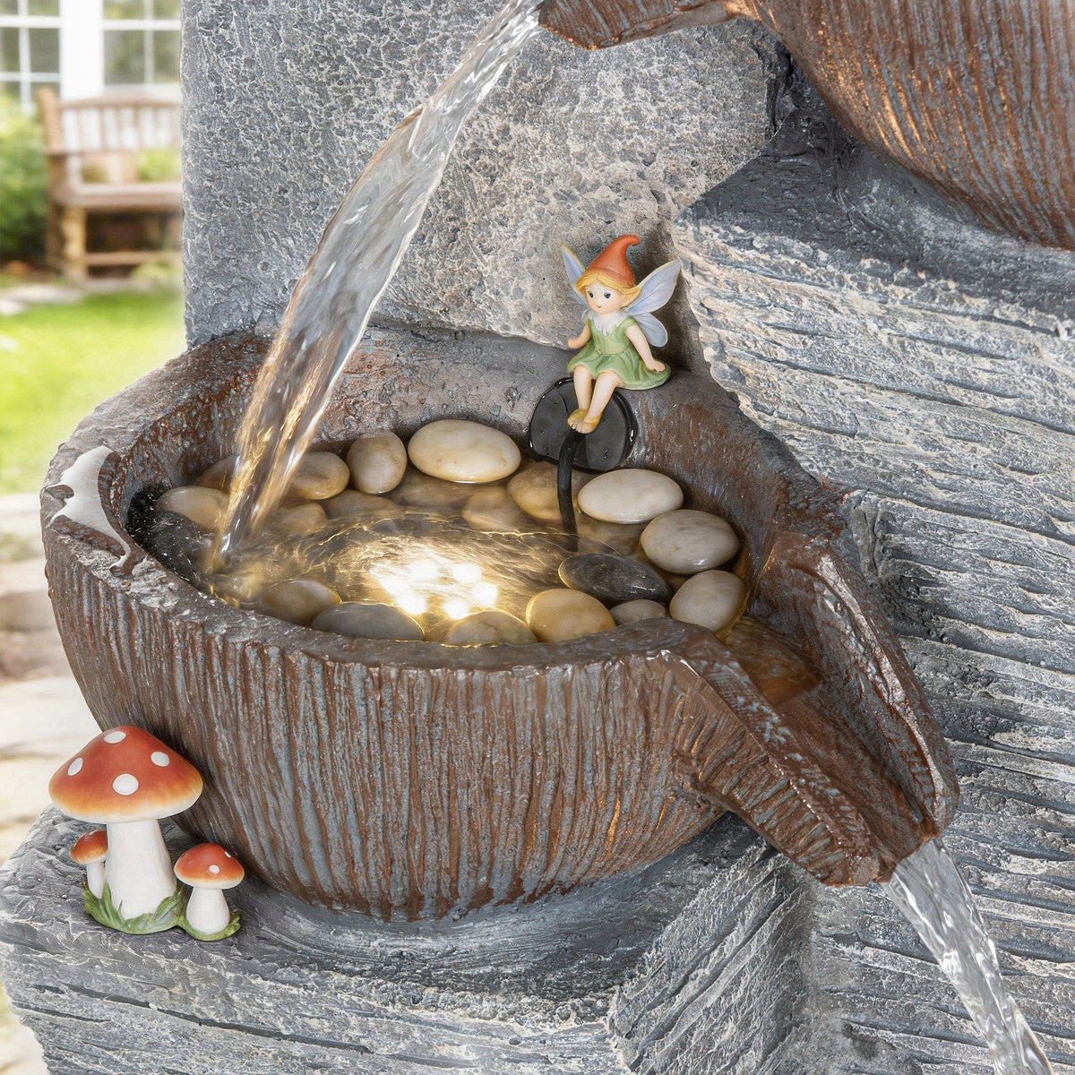 51.2" 5-Tier Water Fountain with LED Lights and Adjustable Flow, Gray/Brown