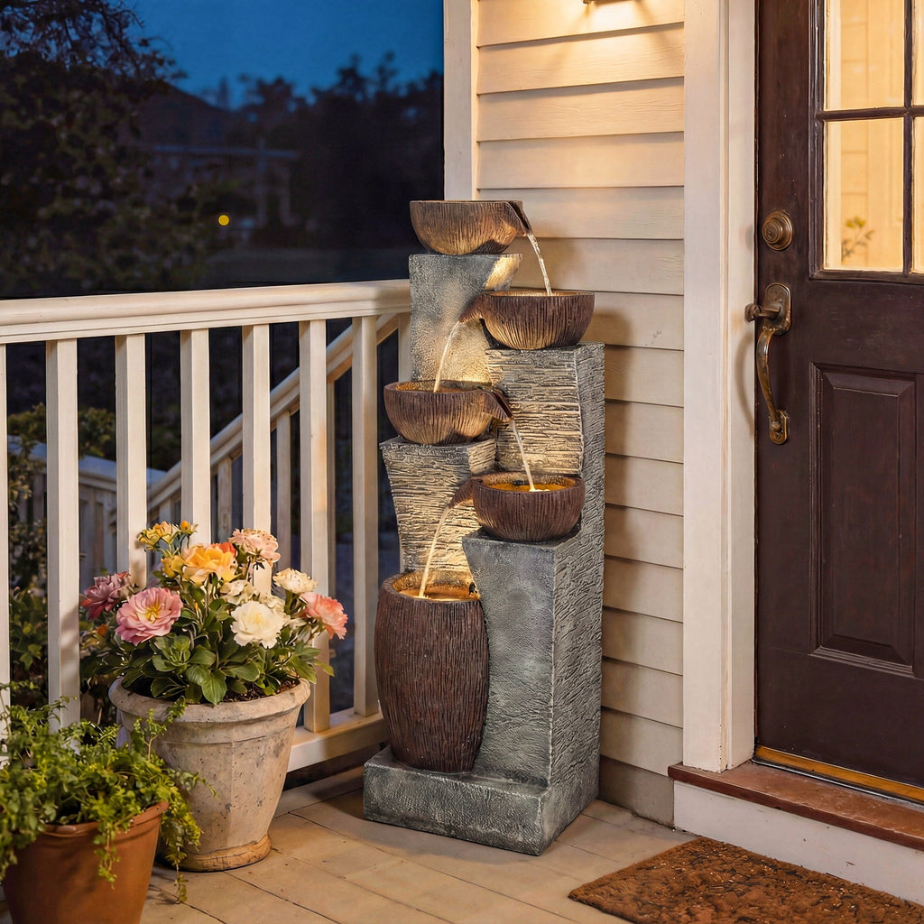 51.2" 5-Tier Water Fountain with LED Lights and Adjustable Flow, Gray/Brown