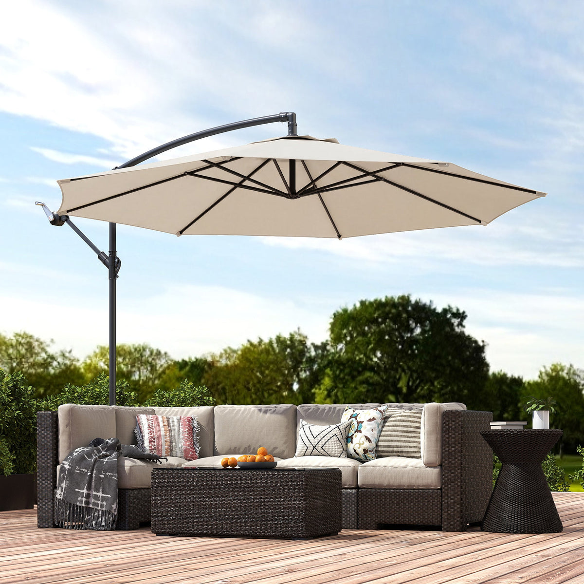 3 m Banana Parasol with Crank Handle, 8 Ribs & Cross Base, Cream White