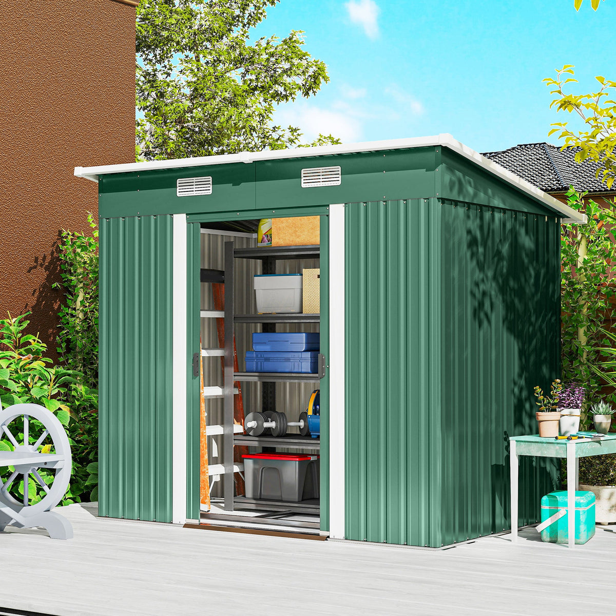 7' x 4' Outdoor Storage Shed with Lockable Double Doors, Green