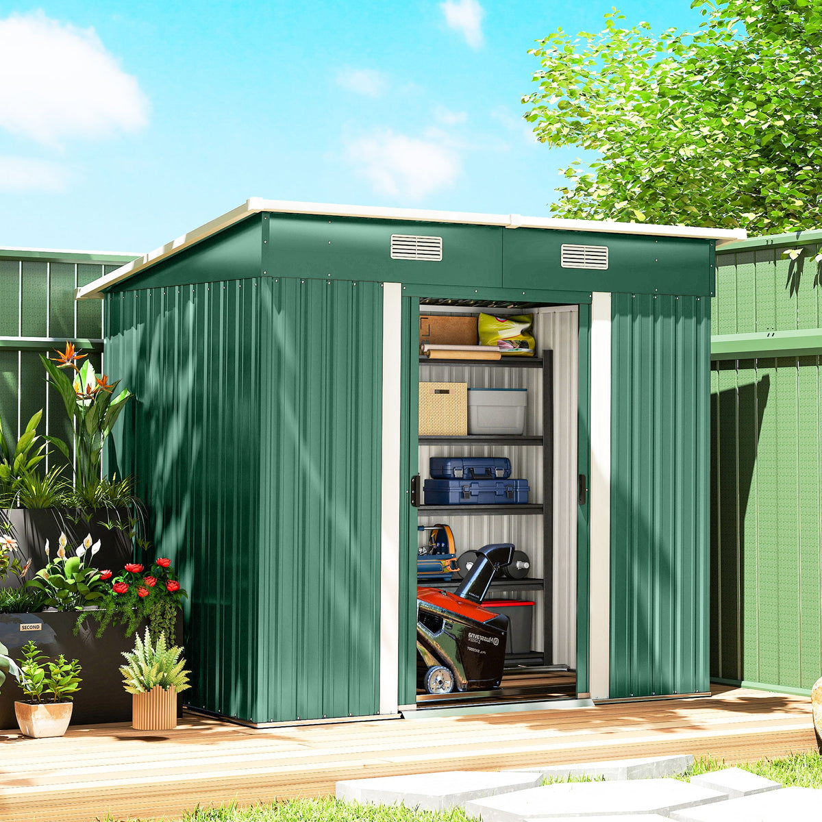 7' x 4' Outdoor Storage Shed with Lockable Double Doors, Green
