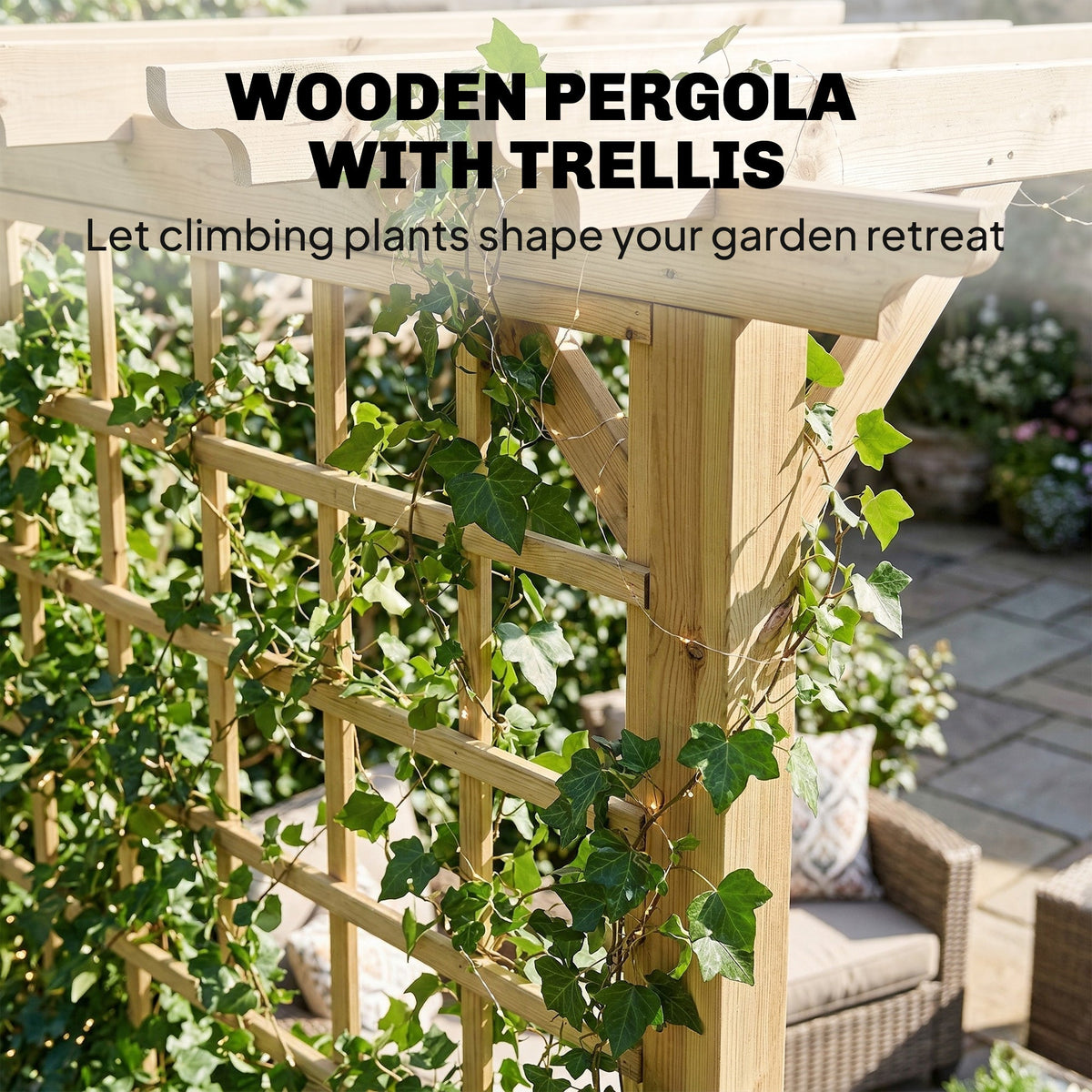 PerArbor 3 x 3 m Natural Wood Pergola Kit with Grape Trellis & Triangle Supports