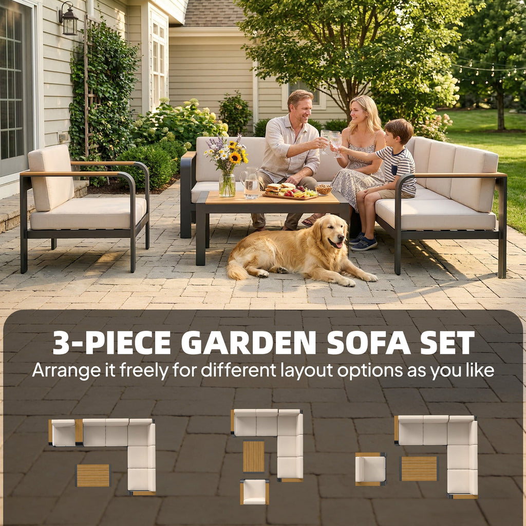 3-Piece Garden Corner Sofa Set with Aluminum Frame and Olefin Cushions, Beige
