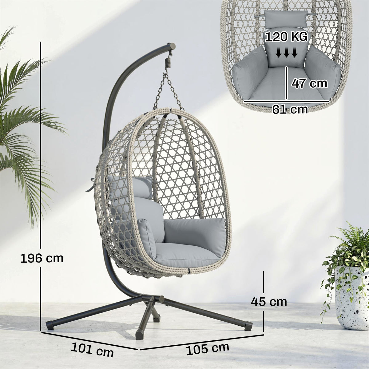 Hanging Egg Chair with Stand, Rattan Hammock, Thick Cushion, Light Grey