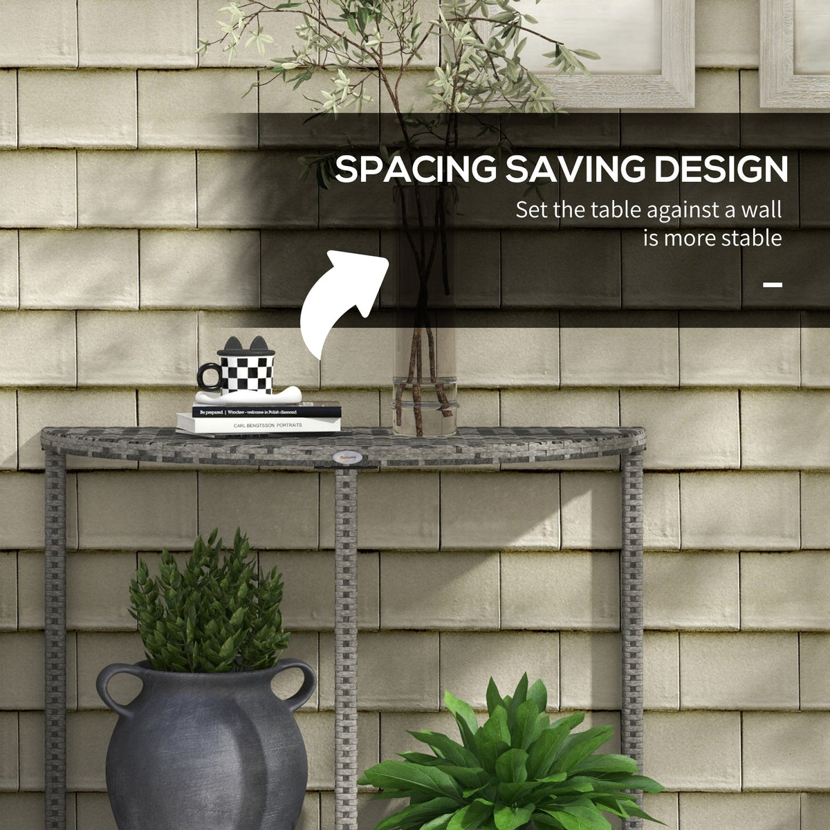39.4" Half Round PE Rattan Side Table with Metal Frame, Grey