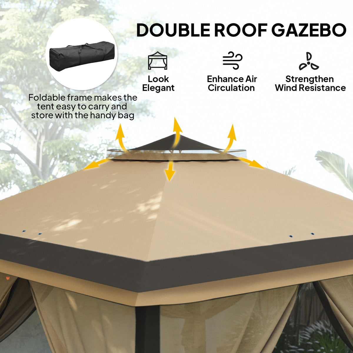11' x 11' Pop Up Canopy with Double Roof and Mesh Sidewalls, Beige