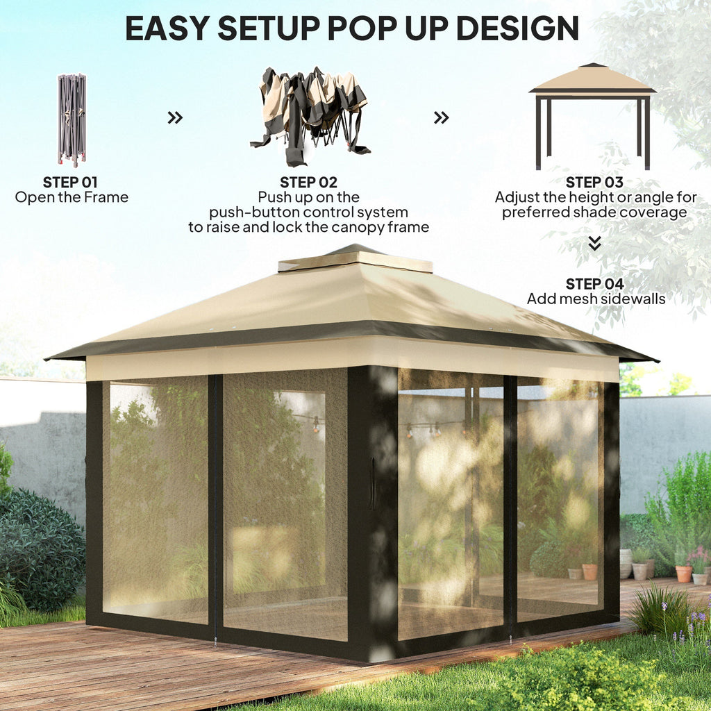 11' x 11' Pop Up Canopy with Double Roof and Mesh Sidewalls, Beige
