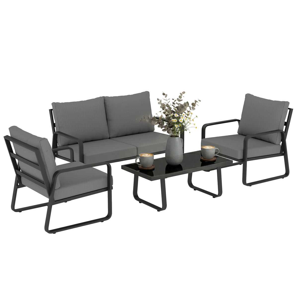 4-Piece Outdoor Sofa Set with Loveseat & 2 Chairs, Coffee Table, Black