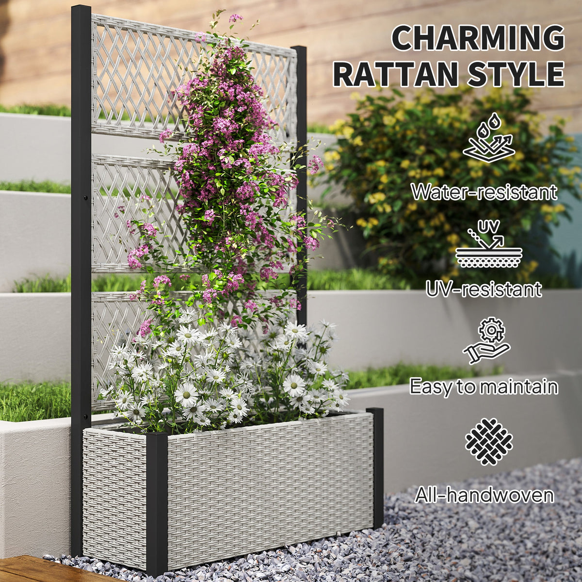 58" Wicker Outdoor Planter with Trellis and Privacy Screen, Mixed Grey