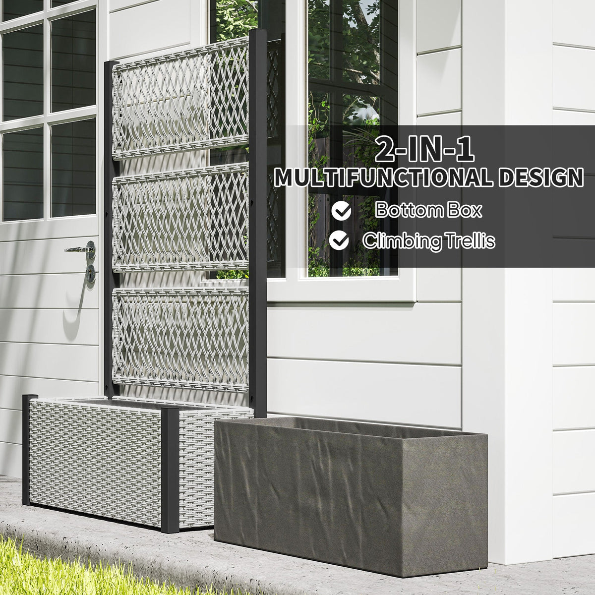 58" Wicker Outdoor Planter with Trellis and Privacy Screen, Mixed Grey