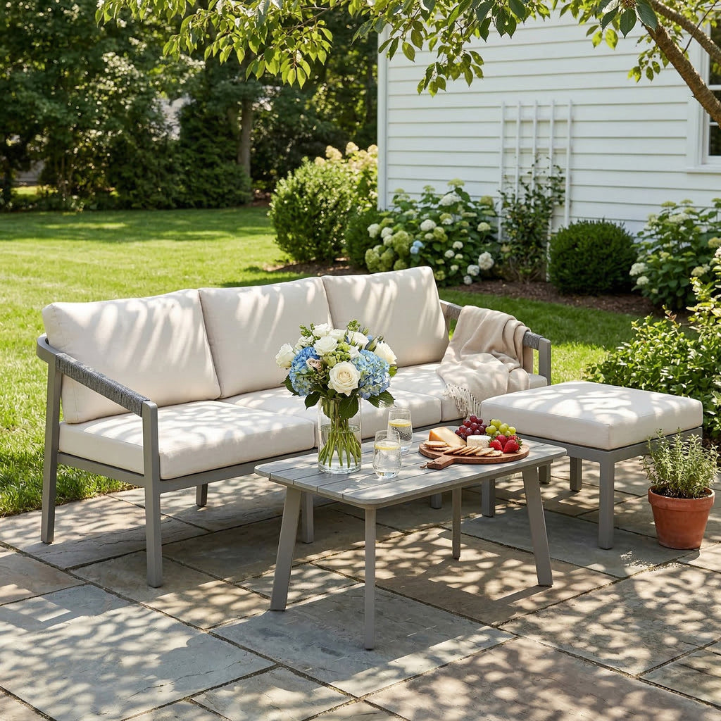 3 Piece Garden Furniture Set with Sofa, Footstool and Coffee Table, Grey
