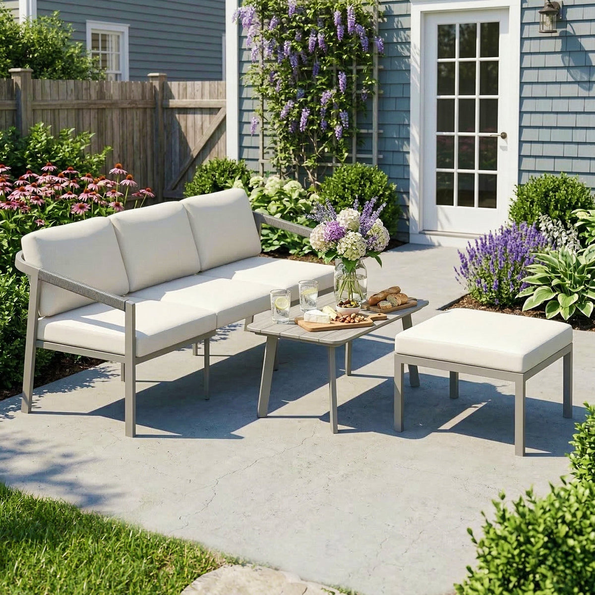 3 Piece Garden Furniture Set with Sofa, Footstool and Coffee Table, Grey