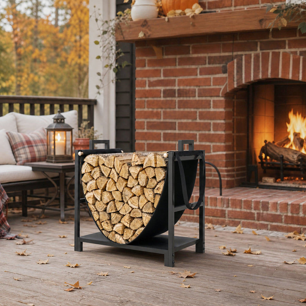 19 Inch Heavy Duty Steel Firewood Rack with Canvas Carrier for Indoor Fireplace Storage, Black