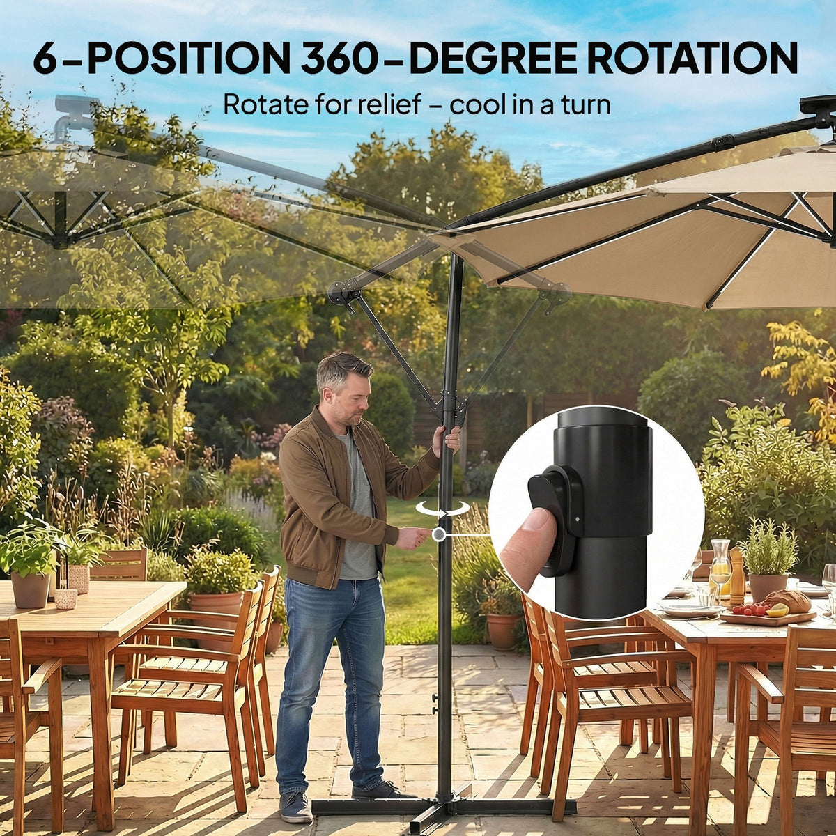 3 m Cantilever Parasol with Solar LED Light, Cover & 360° Rotation, Khaki