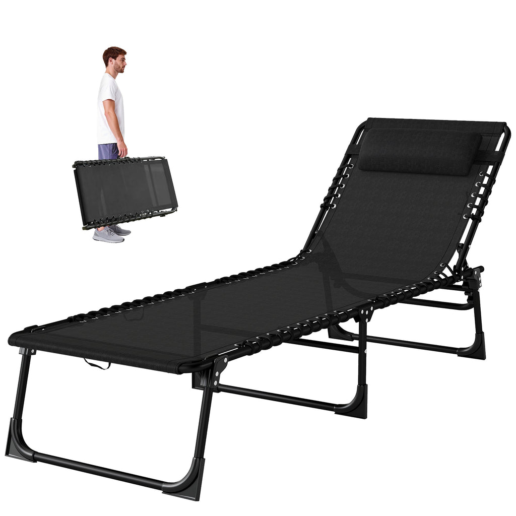 Folding Chaise Lounge Chair with 4-Position Reclining Back & Breathable Mesh Seat, Black