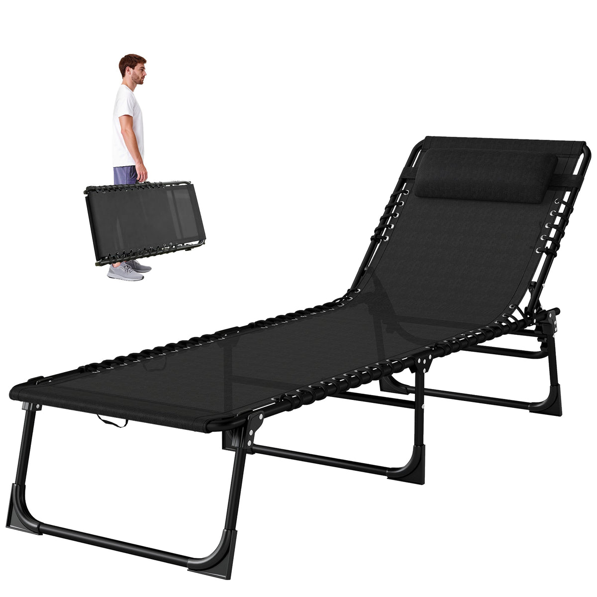 Folding Chaise Lounge Chair with 4-Position Reclining Back & Breathable Mesh Seat, Black