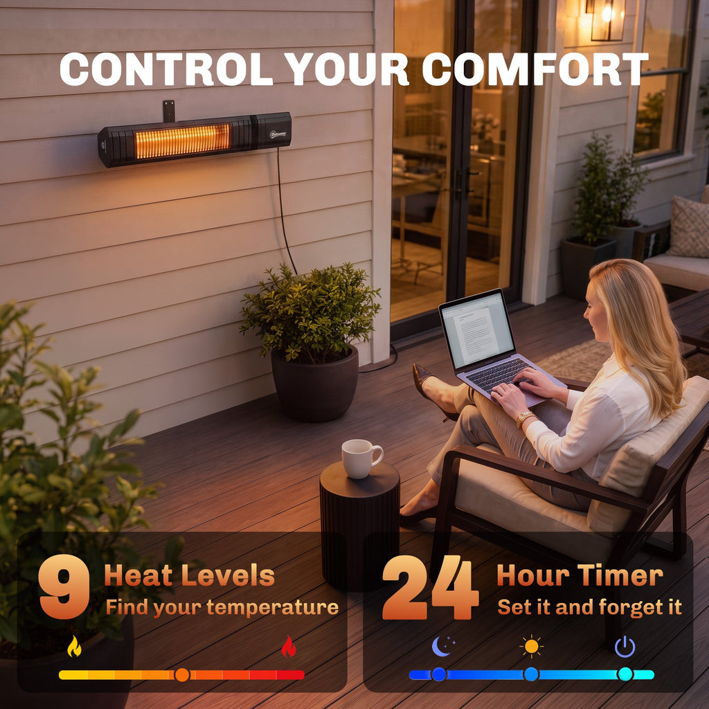 2000W Infrared Wall-Mount Heater with APP, Touch & Remote, IP65, 9 Levels, Black