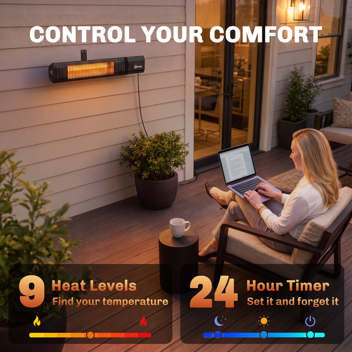 2000W Infrared Wall-Mount Heater with APP, Touch & Remote, IP65, 9 Levels, Black