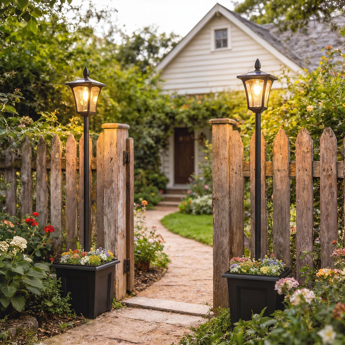 63" Solar Lamp Post Lights 2 Pack with Planter, Waterproof LED, Black