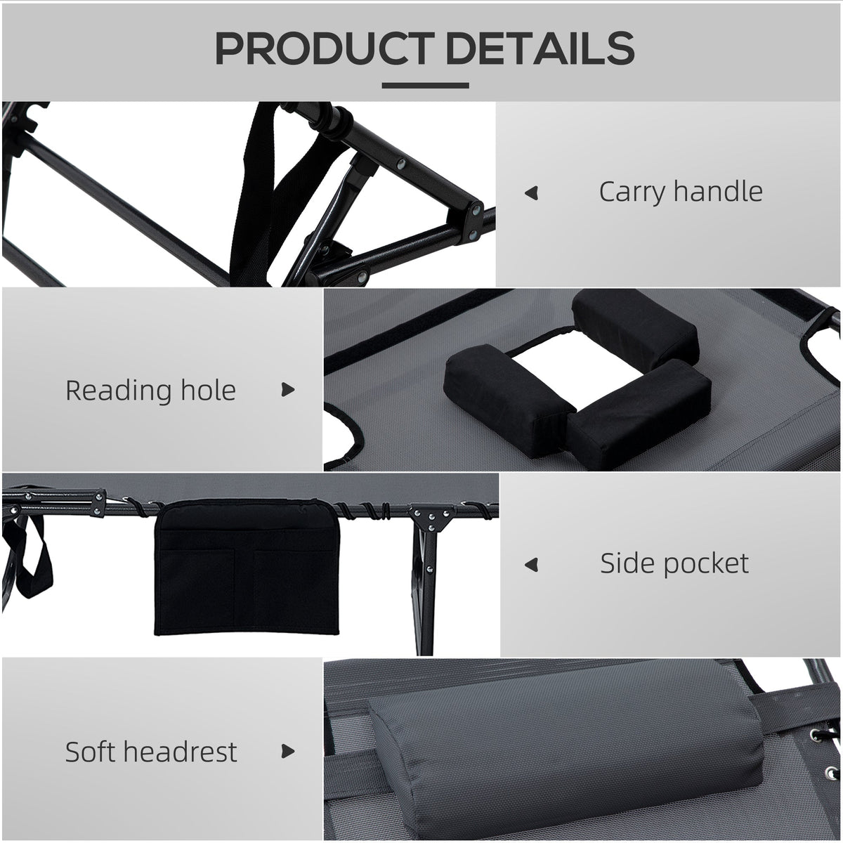 2-Piece Folding Chaise Lounge with Face Hole, Gray