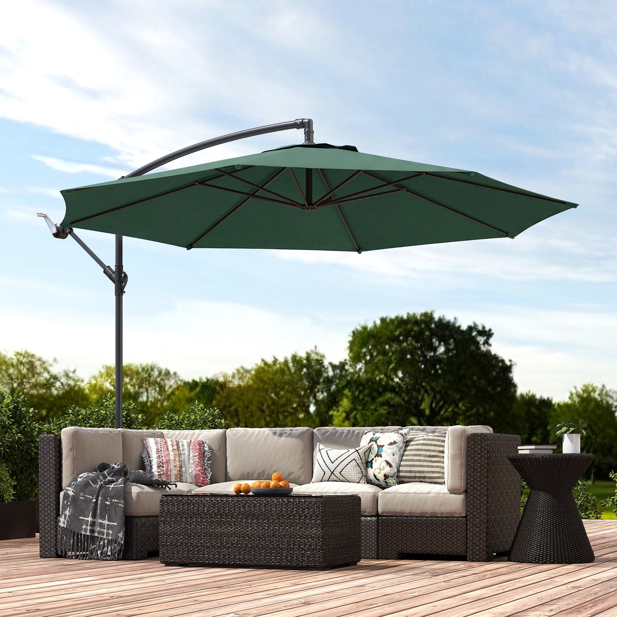 3 m Banana Parasol with Crank Handle, 8 Ribs & Cross Base, Dark Green