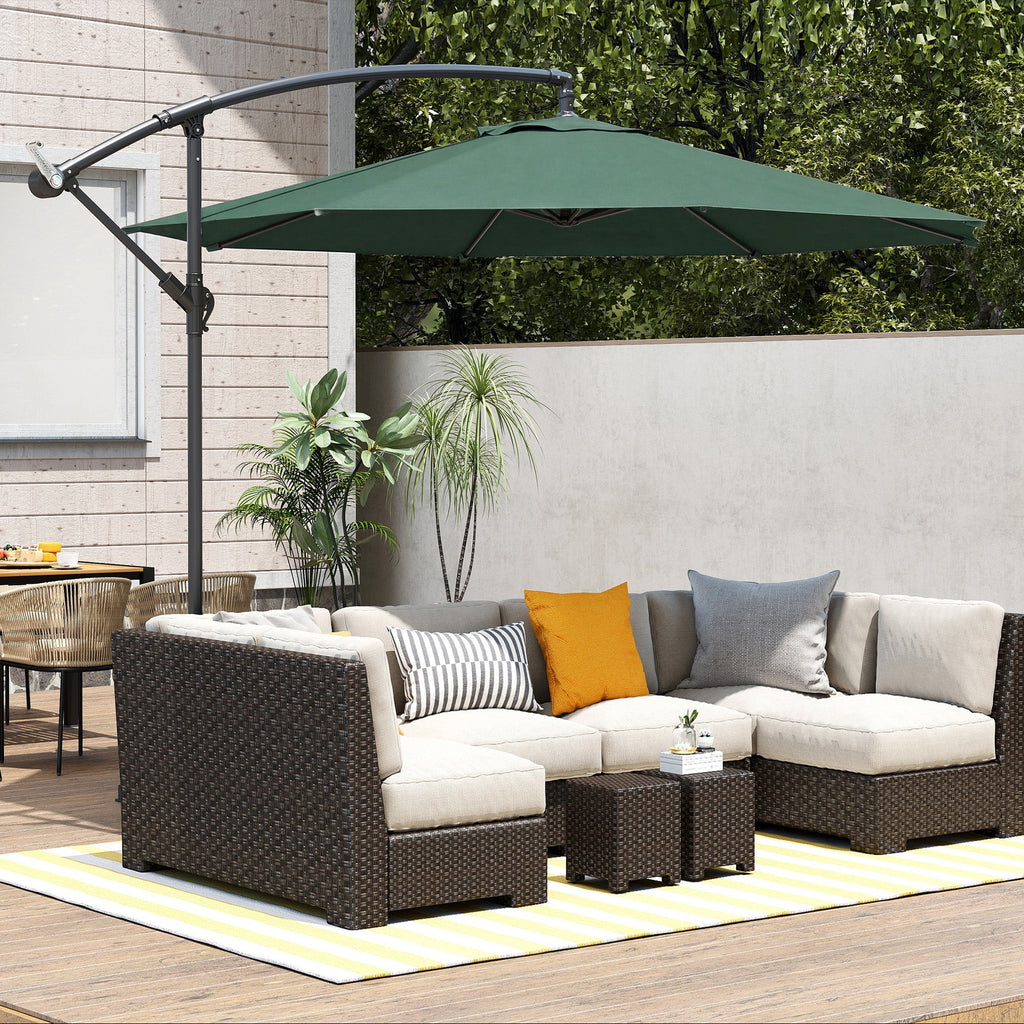 3 m Banana Parasol with Crank Handle, 8 Ribs & Cross Base, Dark Green