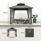 3 x 3 m Hardtop Gazebo with Double Metal Roof, Netting & Curtains, Grey