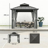 3 x 3 m Hardtop Gazebo with Double Metal Roof, Netting & Curtains, Grey