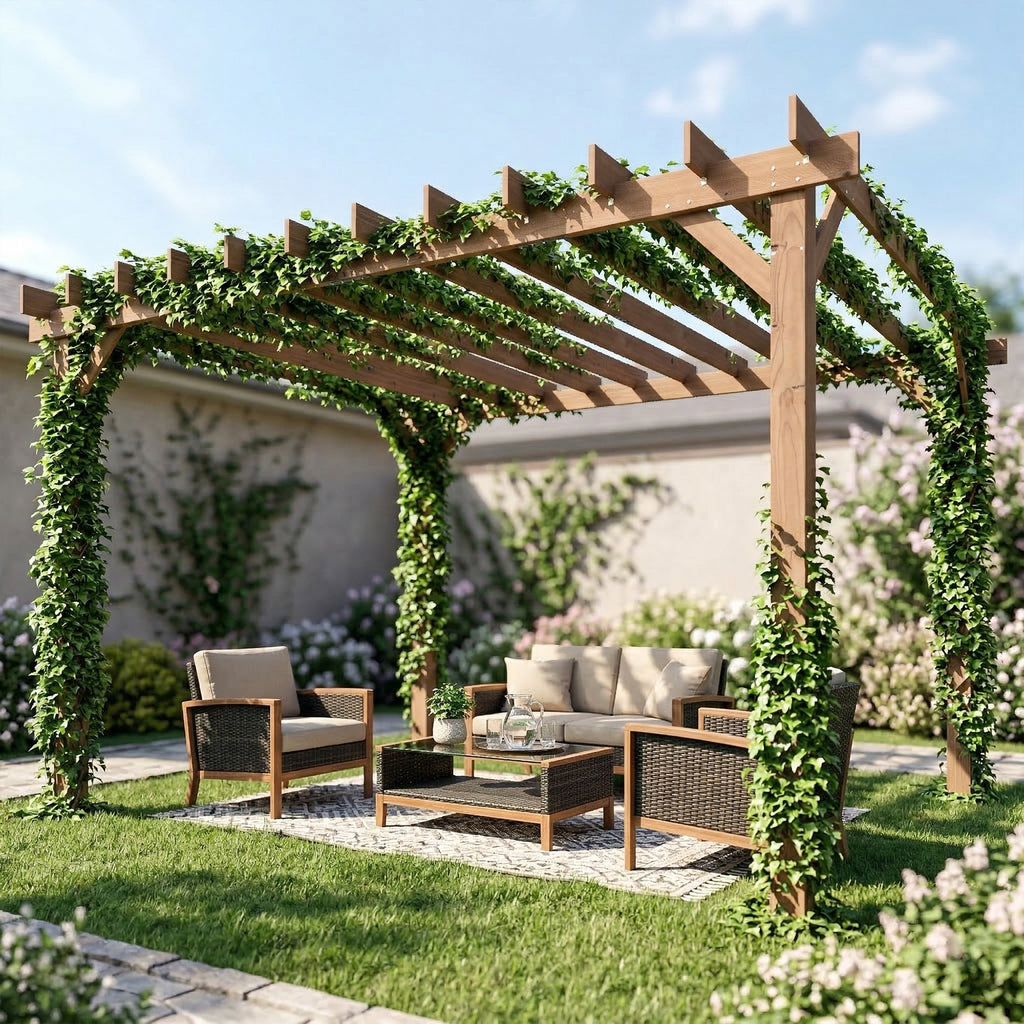PerArbor 3.6 x 3 m Maple Wood-effect Pergola with Triangle Supports for Climbing Vines