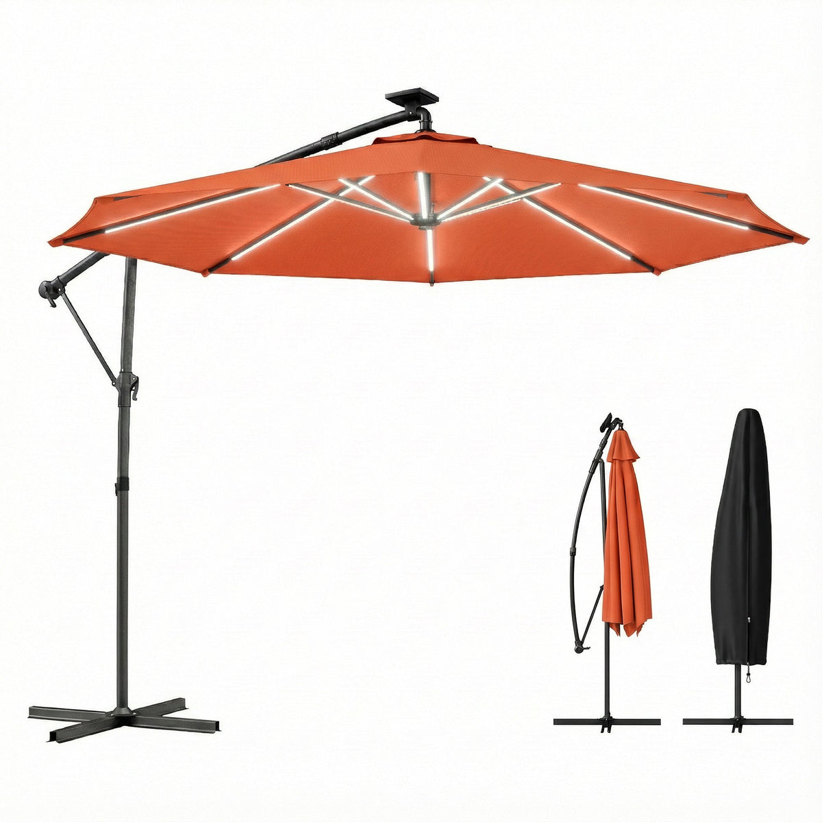 3 m Cantilever Parasol with Solar LED Light, Cover & 360° Rotation, Orange