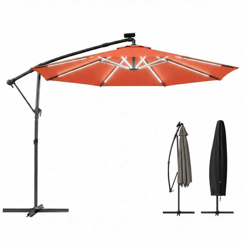 3 m Cantilever Parasol with Solar LED Light, Cover & 360° Rotation, Orange