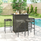 5 Piece Outdoor Wicker Bar Set with Glass Top Table and 4 Stools, Dark Gray