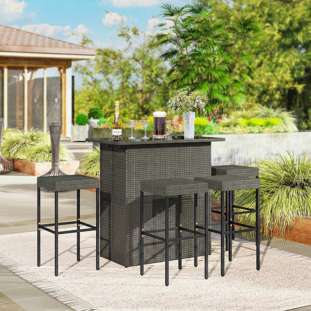5 Piece Outdoor Wicker Bar Set with Glass Top Table and 4 Stools, Dark Gray