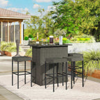 5 Piece Outdoor Wicker Bar Set with Glass Top Table and 4 Stools, Dark Gray