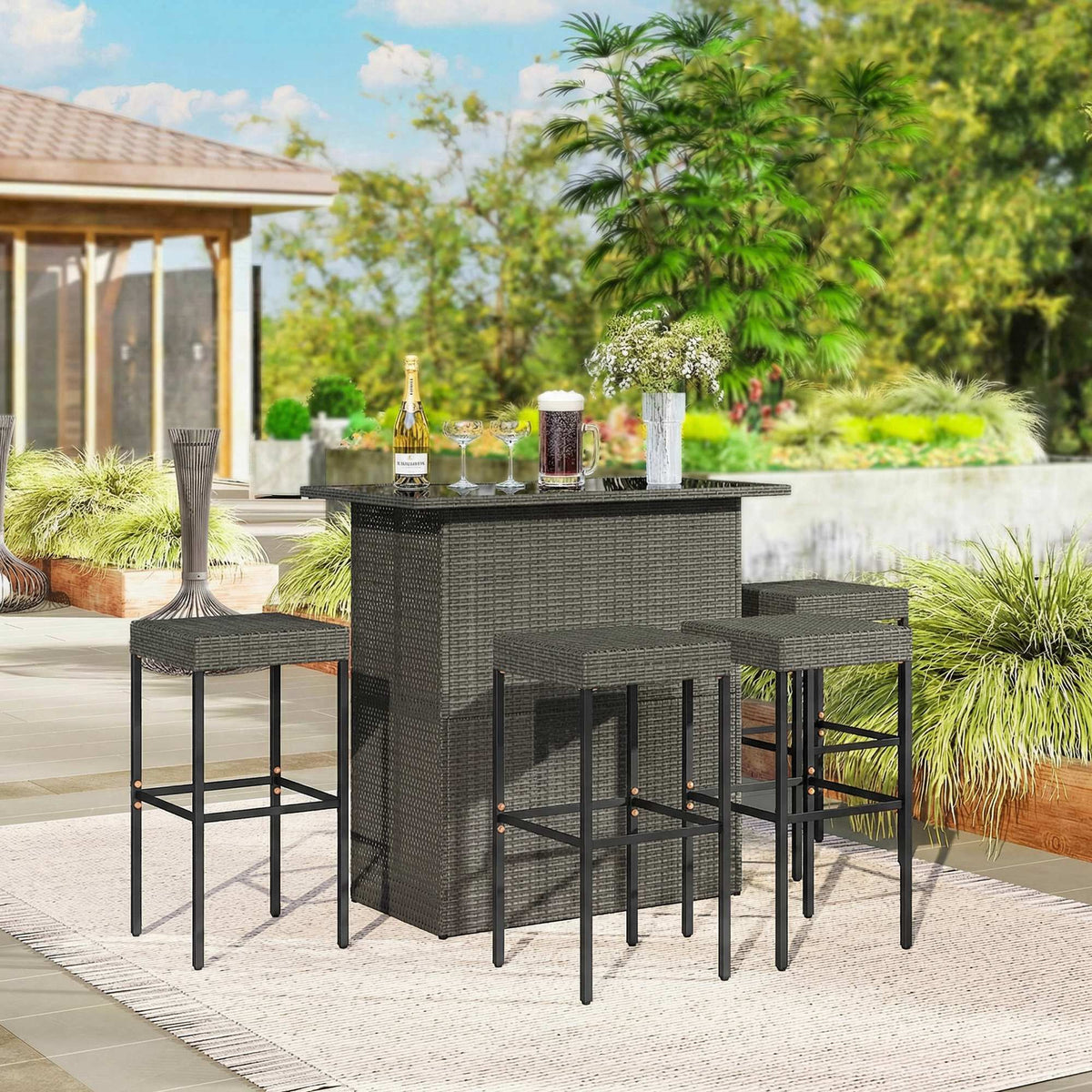 5 Piece Outdoor Wicker Bar Set with Glass Top Table and 4 Stools, Dark Gray