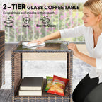 5-Piece Wicker Patio Set with Ottomans & 2-Tier Glass Coffee Table, Brown/Cream