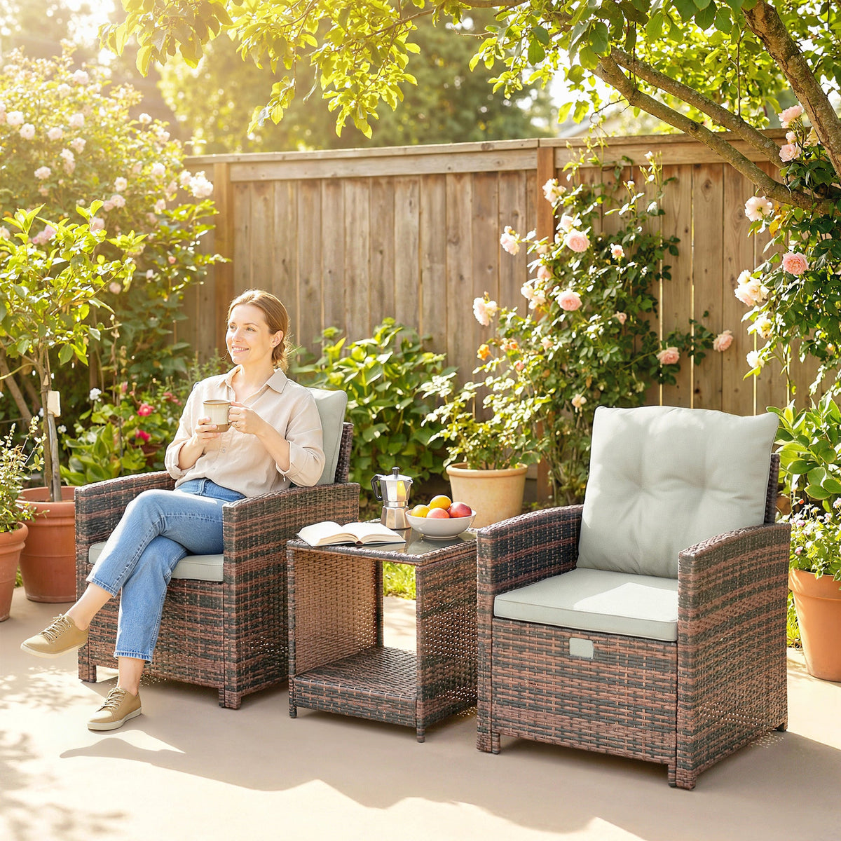 5-Piece Wicker Patio Set with Ottomans & 2-Tier Glass Coffee Table, Brown/Cream