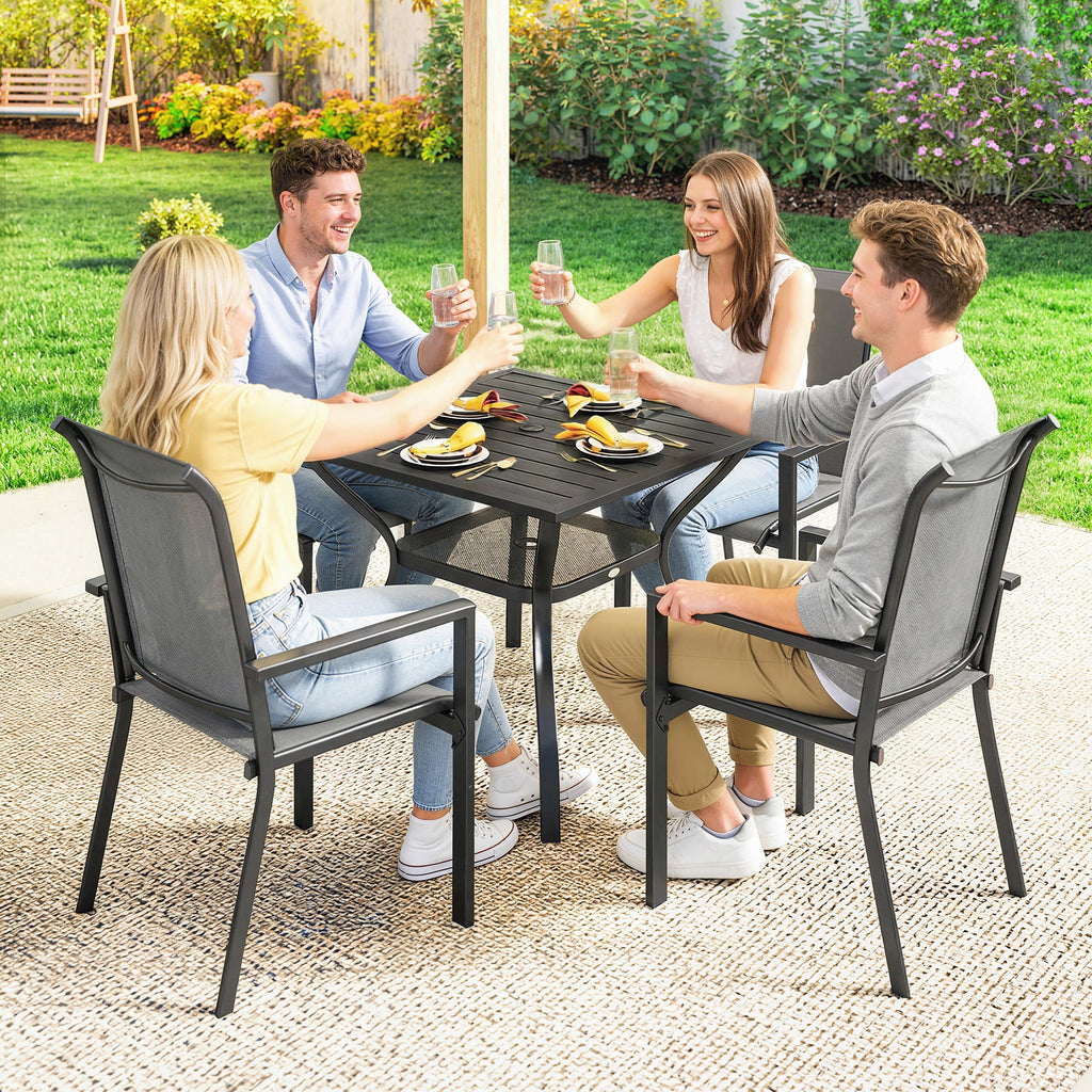 5 Piece Garden Dining Set with Stackable Chairs and Parasol Hole, Dark Grey