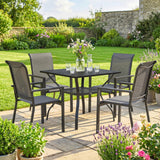 5 Piece Garden Dining Set with Stackable Chairs and Parasol Hole, Dark Grey