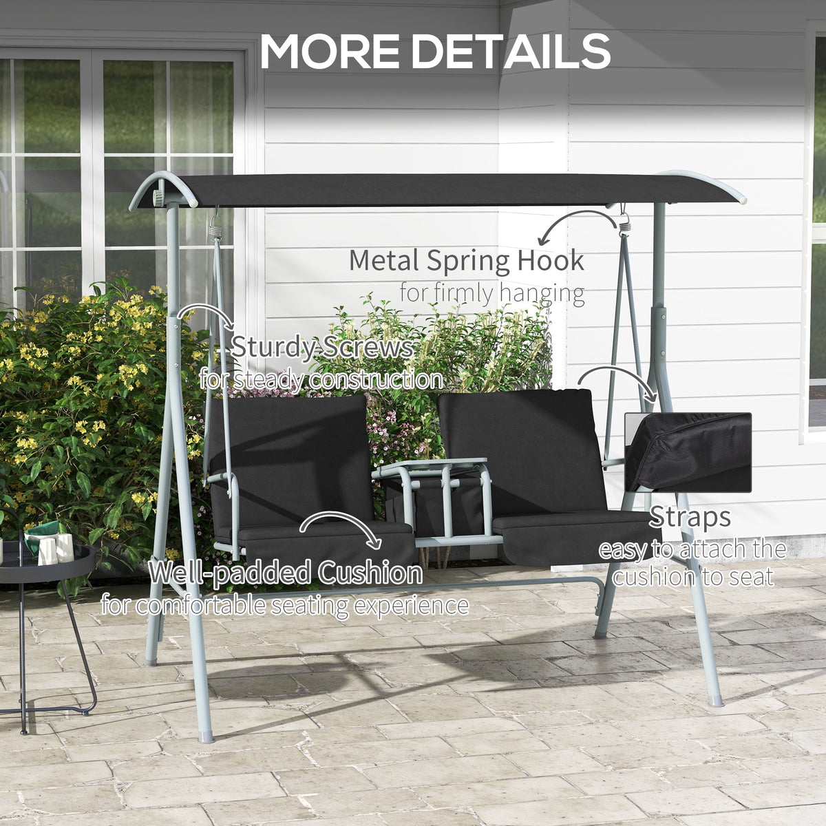 2 Person Porch Swing with Adjustable Canopy, Table and Storage Bag, Black